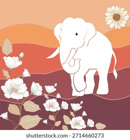 Cálida Ilustración vectorial de estilo retro con lindos elefantes caminando a través de las olas que fluyen y flores de margarita en flor, perfecta para impresiones textiles, Fondos de pantalla, fondos y diseños de superficies decorativas.