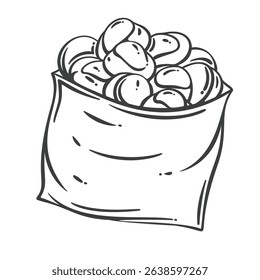 Warm roasted chestnuts with cracked shells served in a paper bag. Engraved monochrome line style. Outline vector illustration for snack packaging, autumn food design, or vintage market prints.