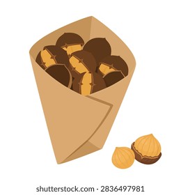 Warm roasted chestnuts served in a simple paper cone. Minimal flat vector food illustration inspired by autumn street food, seasonal markets and cozy fall snacks.