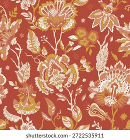 Warme rostfarbene Volksblumen mit klassischen Details, perfekt für Tapeten, Bettwäsche, Polsterung und stylische Geschenkverpackung.