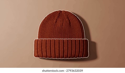 A warm, rust-colored knit beanie hat, perfect for autumn and winter. This cozy headwear is a stylish fashion accessory with a ribbed texture.
