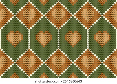 Warm and rustic knitting pattern featuring heart motifs inside diamond shapes with green, brown, and cream tones. Ideal for cozy textile designs, folk art, Valentine’s themes, and handmade crafts.