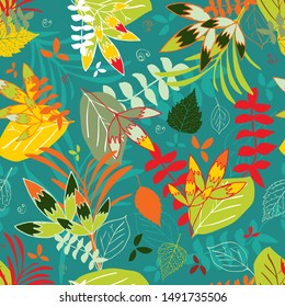 Warm Saturated Color Palette Autumn/Fall/Jungle Leaves In Complex Seamless Surface Pattern On Green Background