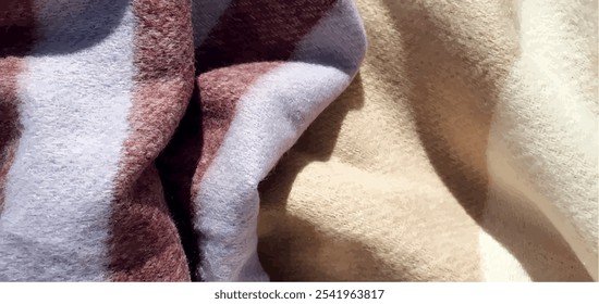 Warm scarf texture background. Wool scarf with a geometric pattern in lilac and beige tones. Women's checkered scarf. Scarf folds, warm soft knitted clothes. Soft clothes.