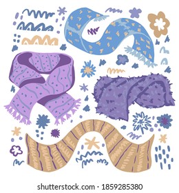 Warm scarves and abstract shape flat hand drawn vector illustration. Colorful collection in scandinavian style. Cozy winter clothes simple elements set. For design, print, decor, card, sticker, banner
