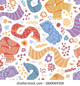 Warm scarves flat hand drawn vector seamless pattern. Colorful background in scandinavian style. Cozy winter accessories wallpaper. Abstract design for prints, decor, wrap, fabric, textile, postcard.