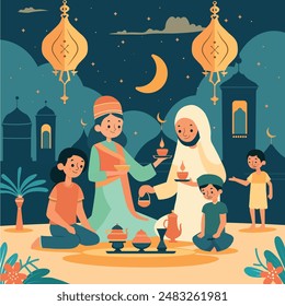 En esta Ilustración vectorial llana se desarrolla un ambiente cálido. Una familia musulmana, sonriente, se reúne alrededor de una mesa cargada de platos coloridos. Las fechas y un vaso de agua descansan cerca, insinuando Iftar