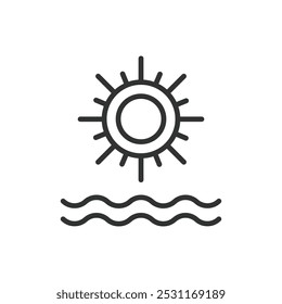 Warm sea, in line design. Warm sea, beach, ocean, summer, waves, sun, tropical on white background vector. Warm sea editable stroke icon