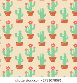Cálido patrón de cactus sin fisuras con cactus verde, macetas de terracota y flores de coral sobre un fondo beige de arena suave. Diseño botánico dibujado a mano acogedor ideal para la tela, embalaje, carteles y decoración del hogar.