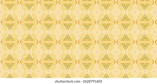 A warm, seamless ethnic pattern in earthy yellow tones featuring symmetrical tribal motifs.