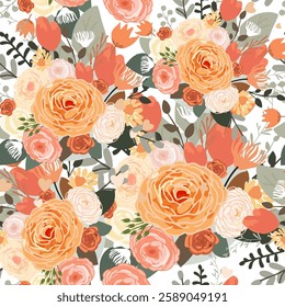 Warm seamless floral pattern with orange peonies and ranunculus in an autumn palette for textiles, packaging, scrapbooking, cards and decor. Vector illustration