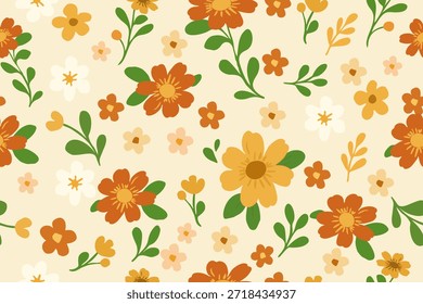 A warm seamless floral pattern with orange and yellow flowers, soft green leaves, and a cream background, creating a cozy, cheerful botanical design.
