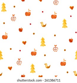 Warm seamless pattern with apple, bird, dots and fir-tree. Lovely watercolor background for kids party. Autumn pattern. Light scrapbook design elements for newborn. Baby texture