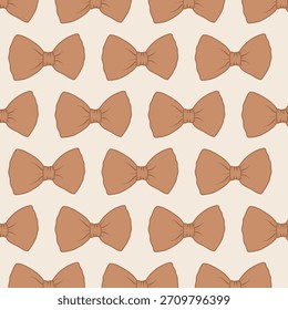 Warm seamless pattern with brown ribbon bows on a beige background. Minimal cozy design ideal for packaging, textile prints, branding and elegant neutral-themed decor.
