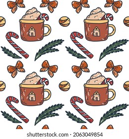 Warm seamless pattern with cup of cocoa, lollipop, bow and fir-branch. Vector illustration