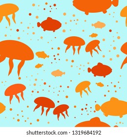 Warm seamless pattern with jellyfish and crucian carp in the depth of the sea