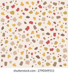 Warm seamless terrazzo vector pattern featuring ochre yellow, dusty red, beige, taupe, tan, clay, and brown organic stone-chip shapes on a soft cream background. Ideal for wallpaper, textile prints, packaging, wrapping paper, interiors, tiles, and modern abstract surface design.