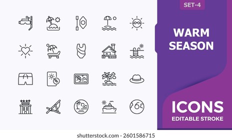 Warm Season icon. Includes symbols for vacation, glass, sun, holiday, travel, leisure and more. Summer icon set. Minimal icons pack. Editable vector art.