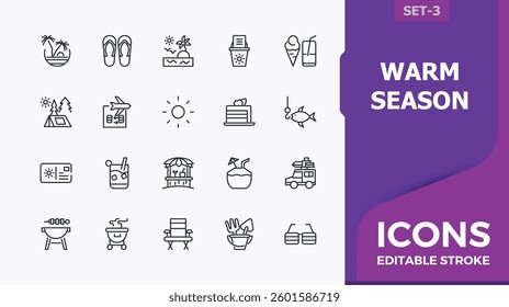 Warm Season icon. Includes symbols for vacation, glass, sun, holiday, travel, leisure and more. Summer icon set. Minimal icons pack. Editable vector art.