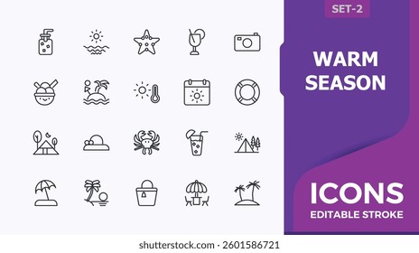 Warm Season icon. Includes symbols for vacation, glass, sun, holiday, travel, leisure and more. Summer icon set. Minimal icons pack. Editable vector art.