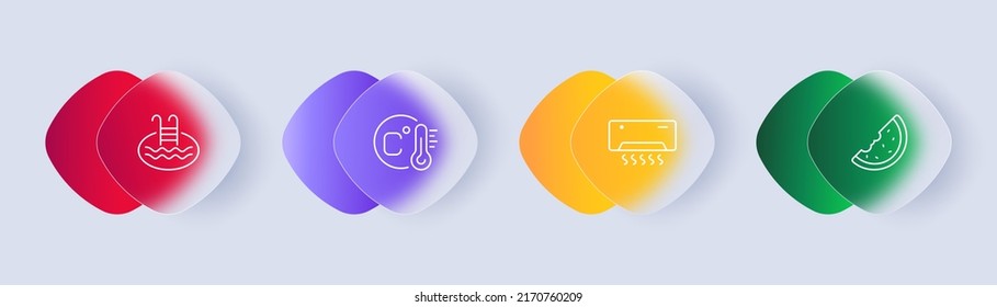 Warm set icon. Swimming pool, water, water drop, thermometer, temperature, Celsius, air conditioning, watermelon, relax. Glassmorphism style. Vector line icon for Business and Advertising