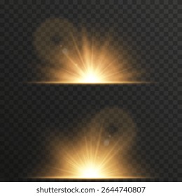 Warm shimmer blends gently across light source. Vector light leak creates dreamy summer ambiance. Golden flare effect suits headers and web banners.