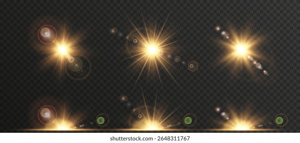 Warm shimmer blends gently across light source. Vector light leak creates dreamy summer ambiance. Golden flare effect suits headers and web banners.