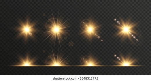 O brilho quente se mistura suavemente com a fonte de luz. Vazamento de luz vetorial cria ambiente de verão sonhador. O efeito de clarão dourado combina com cabeçalhos e banners da Web.