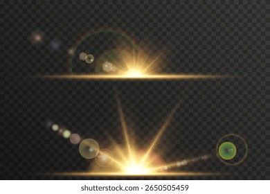 O brilho quente se mistura suavemente com a fonte de luz. Vazamento de luz vetorial cria ambiente de verão sonhador. O efeito de clarão dourado combina com cabeçalhos e banners da Web.