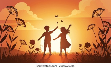 Warm silhouette of young boy and girl holding hands surrounded by flowers at sunset, joyful and peaceful.