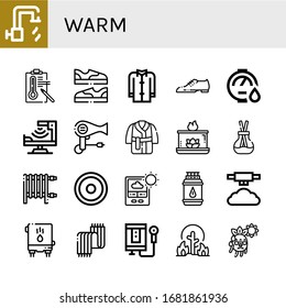 warm simple icons set. Contains such icons as Hot water, Temperature, Shoes, Coat, Water heater, Infrared, Hair dryer, Bath robe, Aromatic candle, can be used for web, mobile and logo
