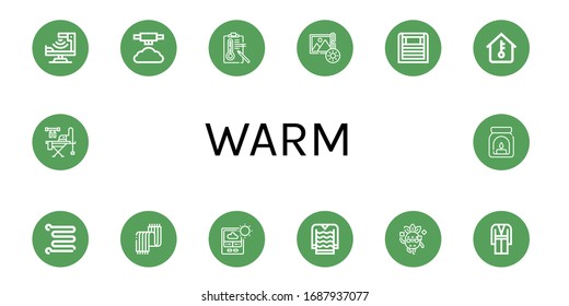 warm simple icons set. Contains such icons as Infrared, Mist, Temperature, Brightness, Heater, Towel rail, Scarf, Thermometer, Sweater, Cool, can be used for web, mobile and logo