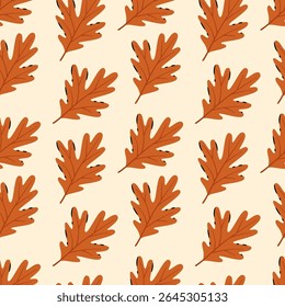A warm and simple seamless pattern featuring a repeating diagonal arrangement of stylized oak leaves in a rich, warm orange-brown hue with subtle dark accents, set against a soft, creamy beige  .