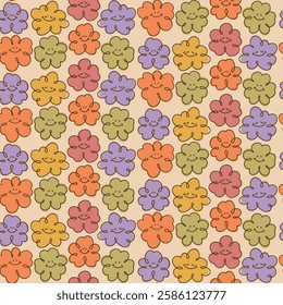 Warm Smiley Abstract Pattern. Seamless pattern with hand-drawn smiley shapes in warm tones of orange, yellow, green, and purple on a beige background. A cheerful and retro design.