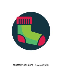 Warm sock flat icon. Round colorful button, Christmas sock circular vector sign. Flat style design