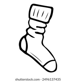 Warm sock hand drawn in doodle style. Clothing accessory for feet. Spare dry socks for hiking. Vector line art illustration.