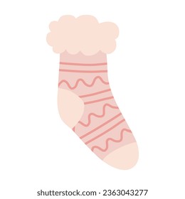 Warm sock with stripes, waves and fluffy fur on top, autumn or winter clothes element, vector