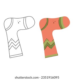 Warm sock with zigzag pattern. Black and white and color clipart vector illustration.