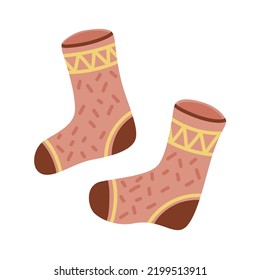 Warm socks in brown color. Cozy autumn or winter clothes. Vector illustration isolated on white background.