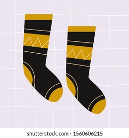 Warm socks illustration. Knitted winter clothing for feet, traditional season knitwear. Fashionable handmade knee socks on abstract background. Apparel store products concept, flat vector illustration