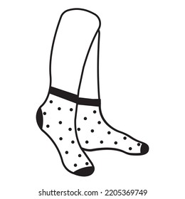 Warm socks on the feet with a pattern, black outline, vector illustration