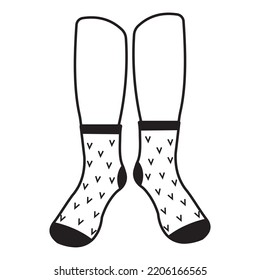 Warm socks on the feet with a pattern, black outline, vector illustration
