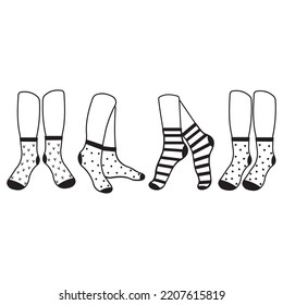 Warm socks on the feet with a pattern, black outline, vector illustration