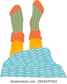 Warm socks on relaxed legs peek from a patterned blanket in a textured hand drawn style. Comfort, rest, hygge, and winter warmth at home. Cartoon vector illustration.