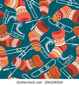 Warm socks with scandinavian ornament seamless pattern.Collage flat cartoon stockings and one line skates, skis, snowboard.Winter vector  background.Perfect for cover,wrapping paper,wallpaper.