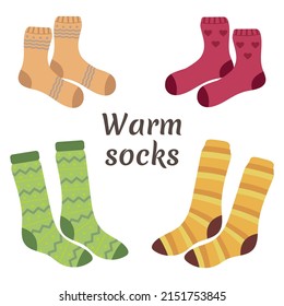 Warm socks set. Cozy autumn or winter concept. Vector illustration isolated on white background. 