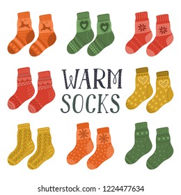 Warm socks. Set of pairs of hand drawn cute warm socks with lettering. Vector illustration with white background.