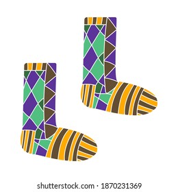 Calcetines cálidos. Invierno tejiendo ropa hecha a mano con un patrón brillante. Ilustración de material vectorial en estilo de caricatura.