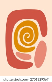 Formas espiral e oval quente em vermelho e laranja se misturam em uma composição orgânica abstrata