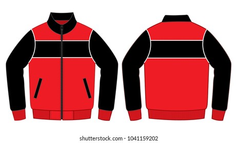 Warm up sport biker jacket design red/black and white line piping vector.Front and back views.